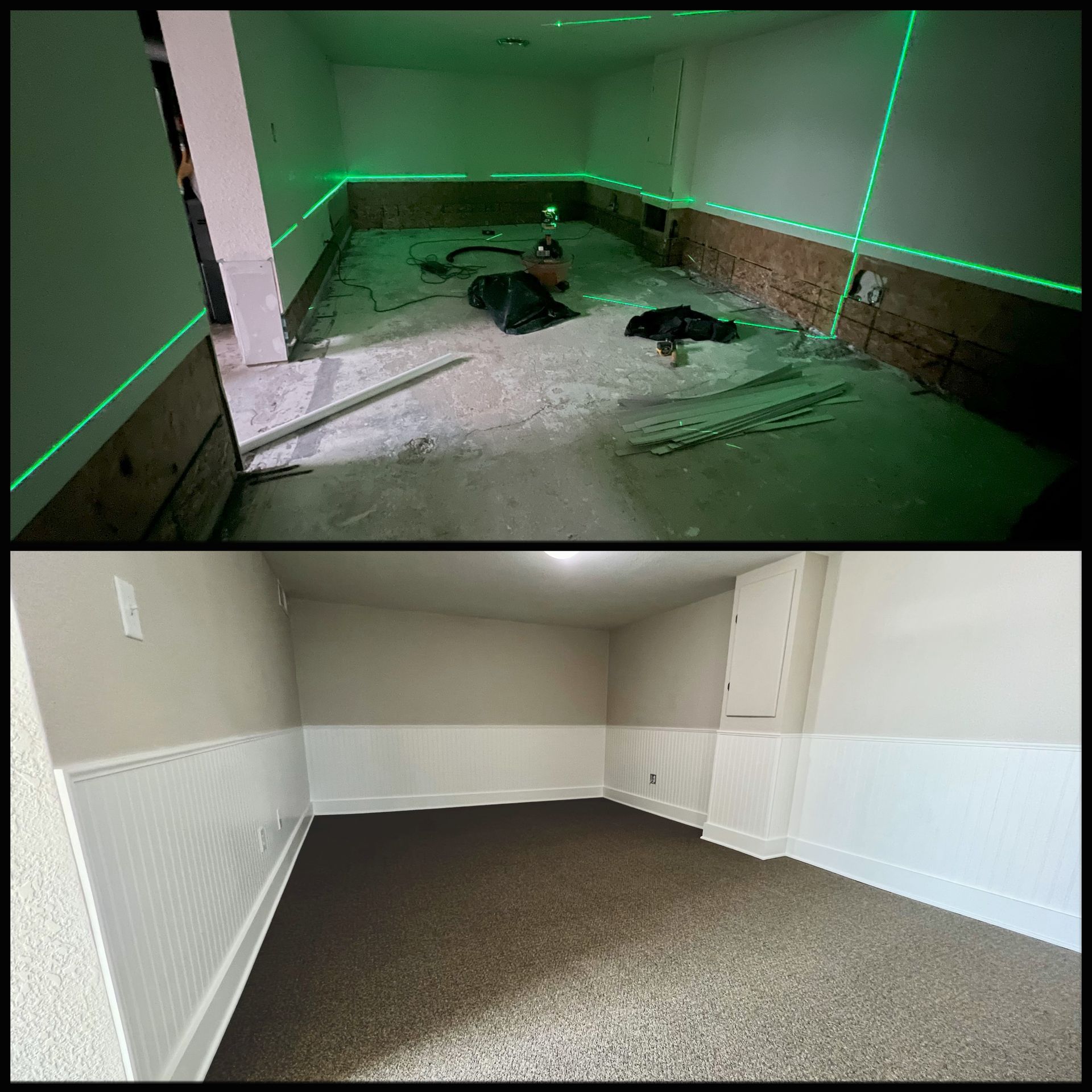 A before and after photo of a basement with a green laser.