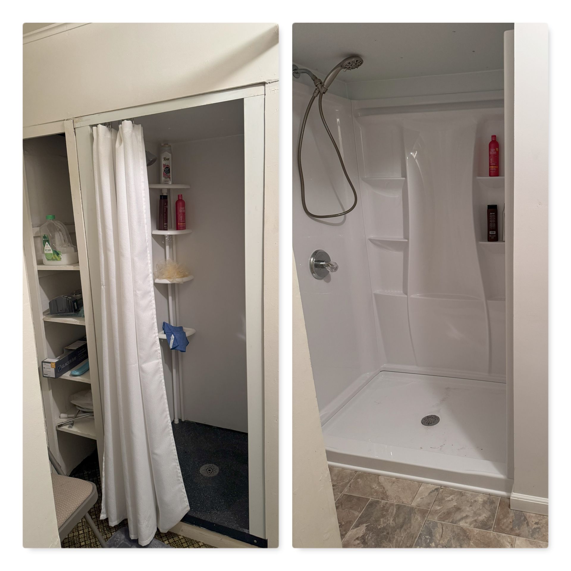 A before and after picture of a shower in a bathroom.