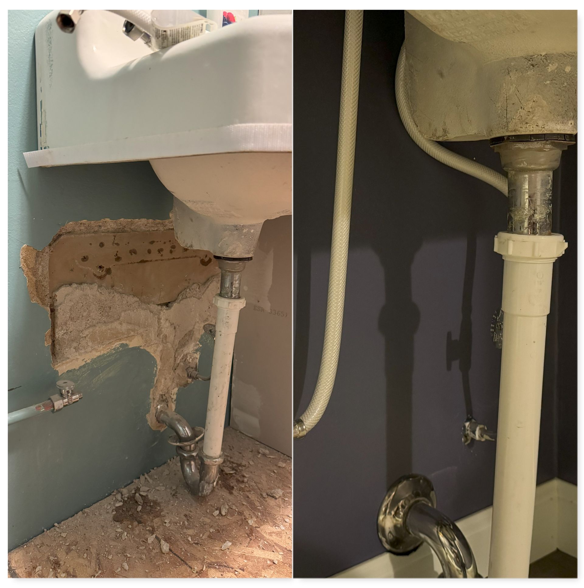 A before and after picture of a bathroom sink with a hole in the wall.