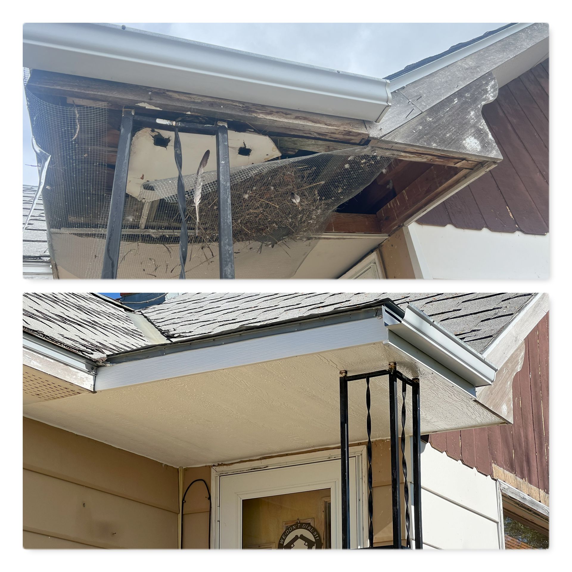 A before and after picture of the roof of a house