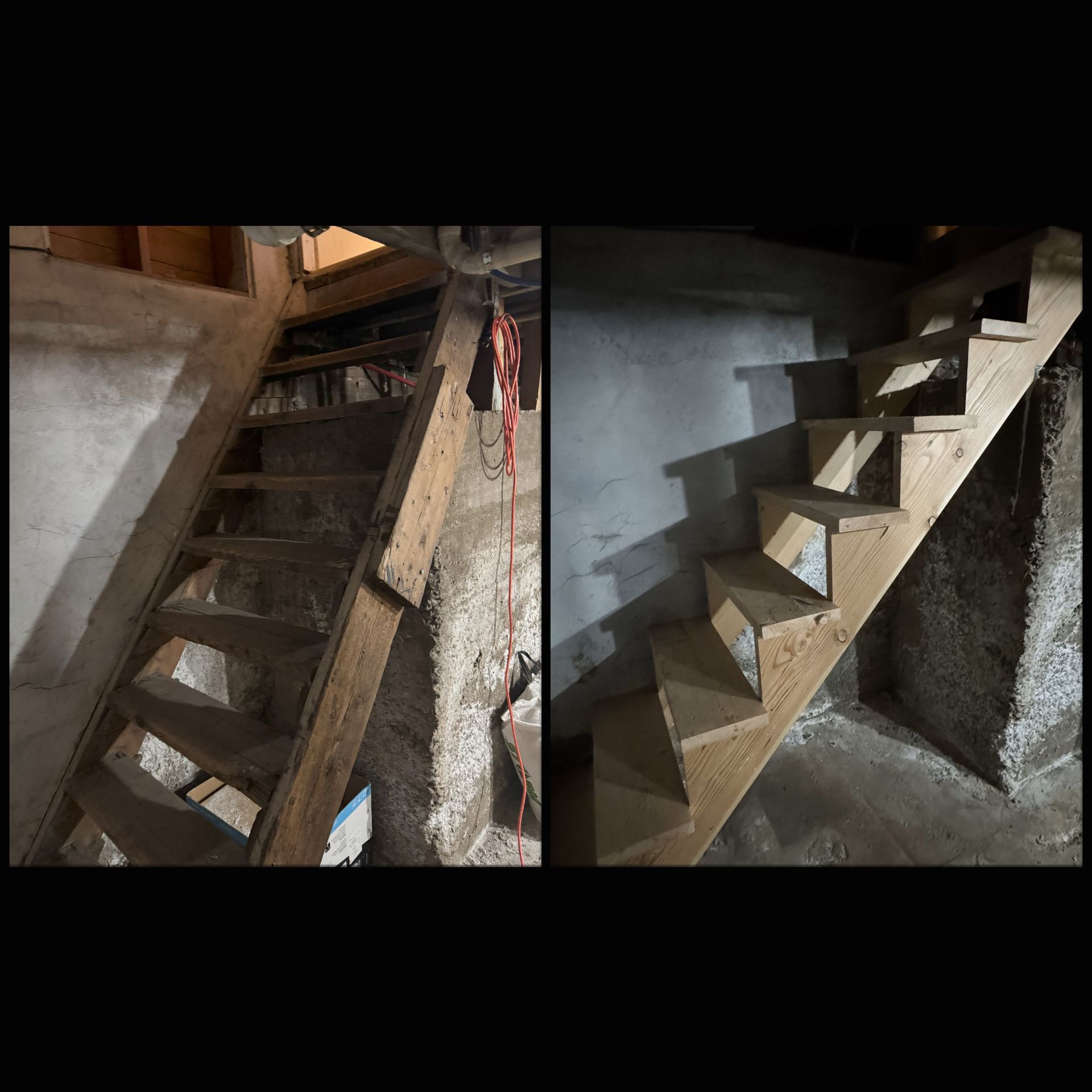 A before and after picture of a wooden staircase in a basement.