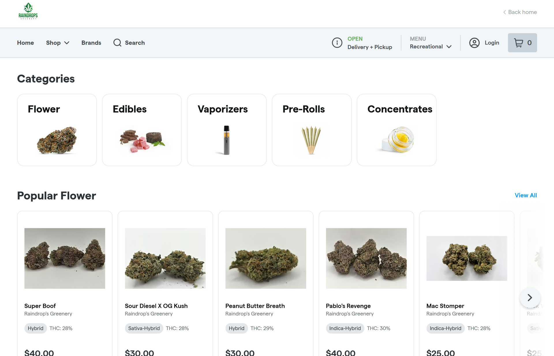 Cannabis shop homepage with category icons and featured flower products displayed in a grid