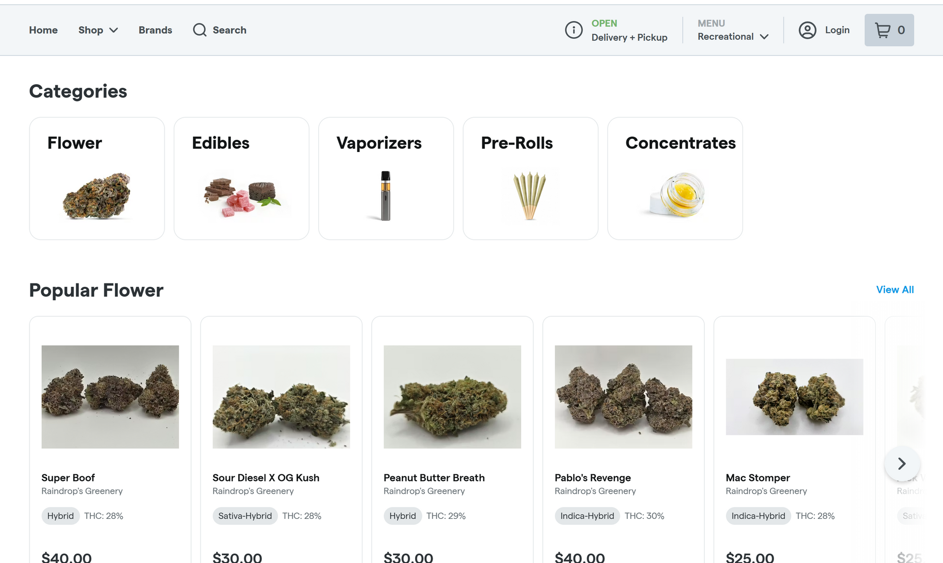 Cannabis shop homepage with category icons and featured flower products displayed in a grid
