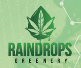 Green cannabis leaf logo with “RAINDROPS GREENERY” text on a light green background