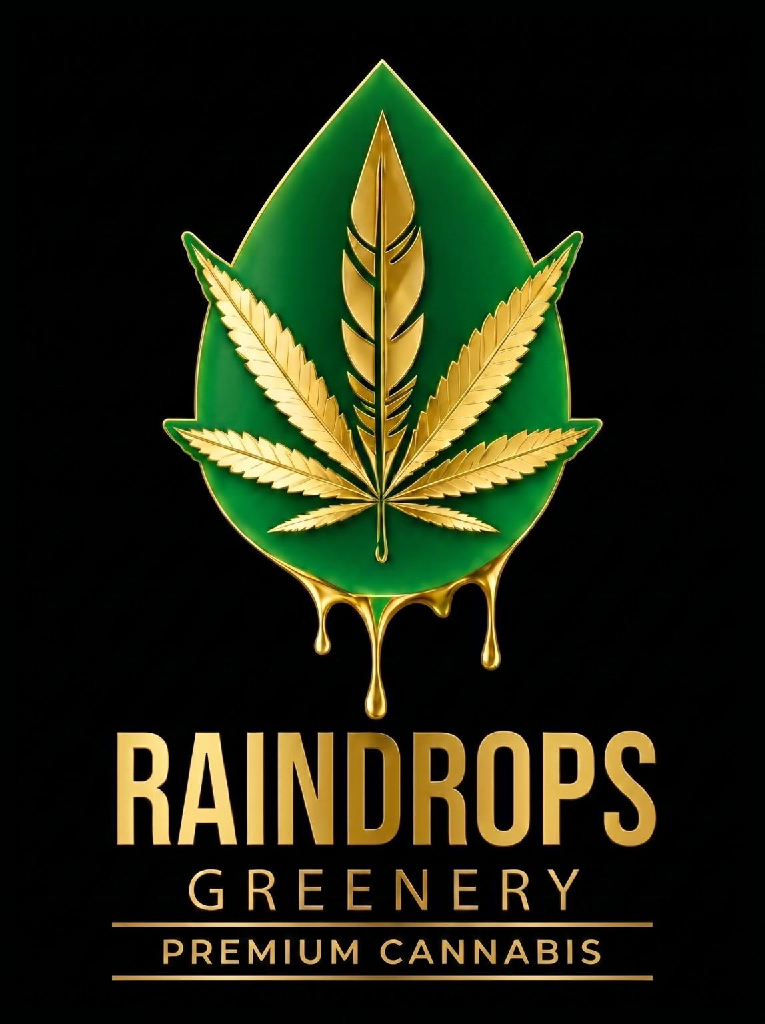 Green cannabis leaf logo with gold accents and the text “RAINDROPS GREENERY” and “PREMIUM CANNABIS”