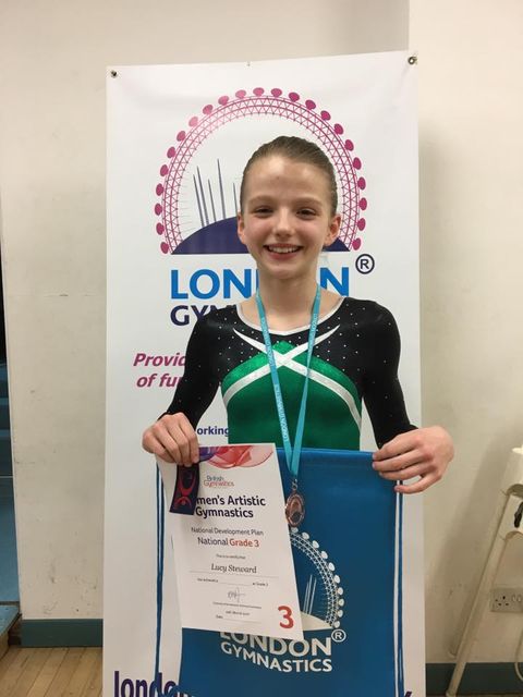 A grade 3 women's artistic gymnast who has just competed at the London Gymnastics NDP qualifiers