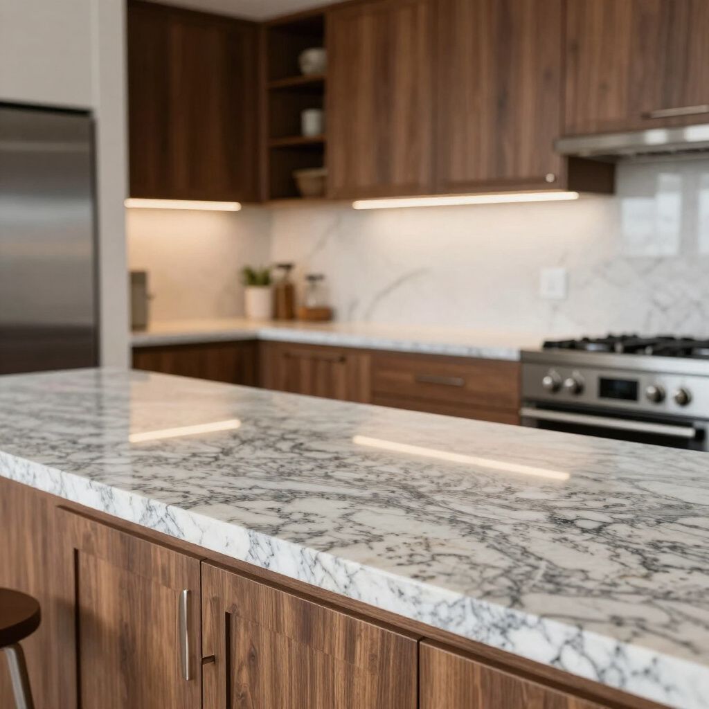Modern kitchen with wood cabinets, marble countertops, and stainless steel appliances.