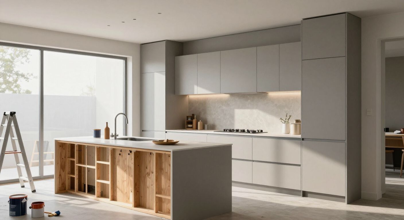 Modern kitchen with gray countertops, stainless appliances, and open shelving filled with plants and decor.