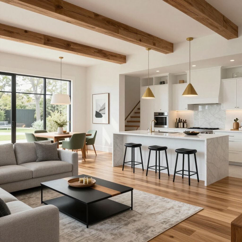 Open-plan living space with kitchen, dining, and living areas.  White cabinets, wood beams, a gray sofa, and natural light.