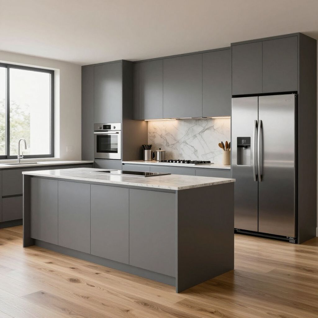 Modern gray kitchen with island, marble countertops, stainless steel appliances, and wood floors.