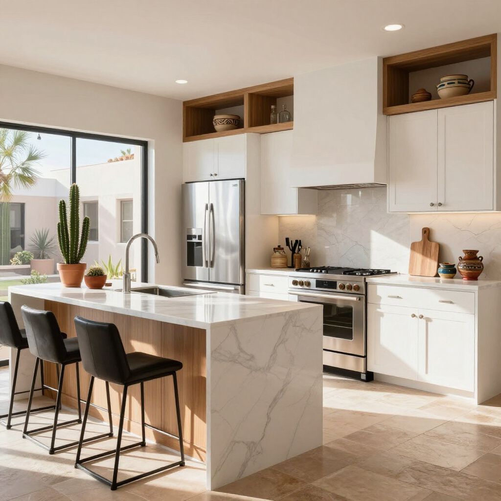 Modern kitchen with white cabinets, marble island, stainless steel appliances, and large window.