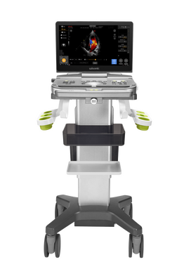 Medical ultrasound machine on a wheeled cart with monitor and control panel.
