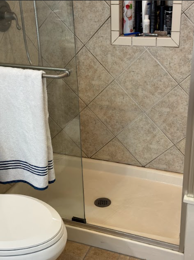 Bathroom with a white towel hanging on a bar, a toilet, and a shower with a built-in niche for toiletries.