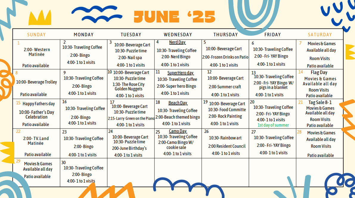 Monthly Recreation Calendar | Villa Maria Nursing