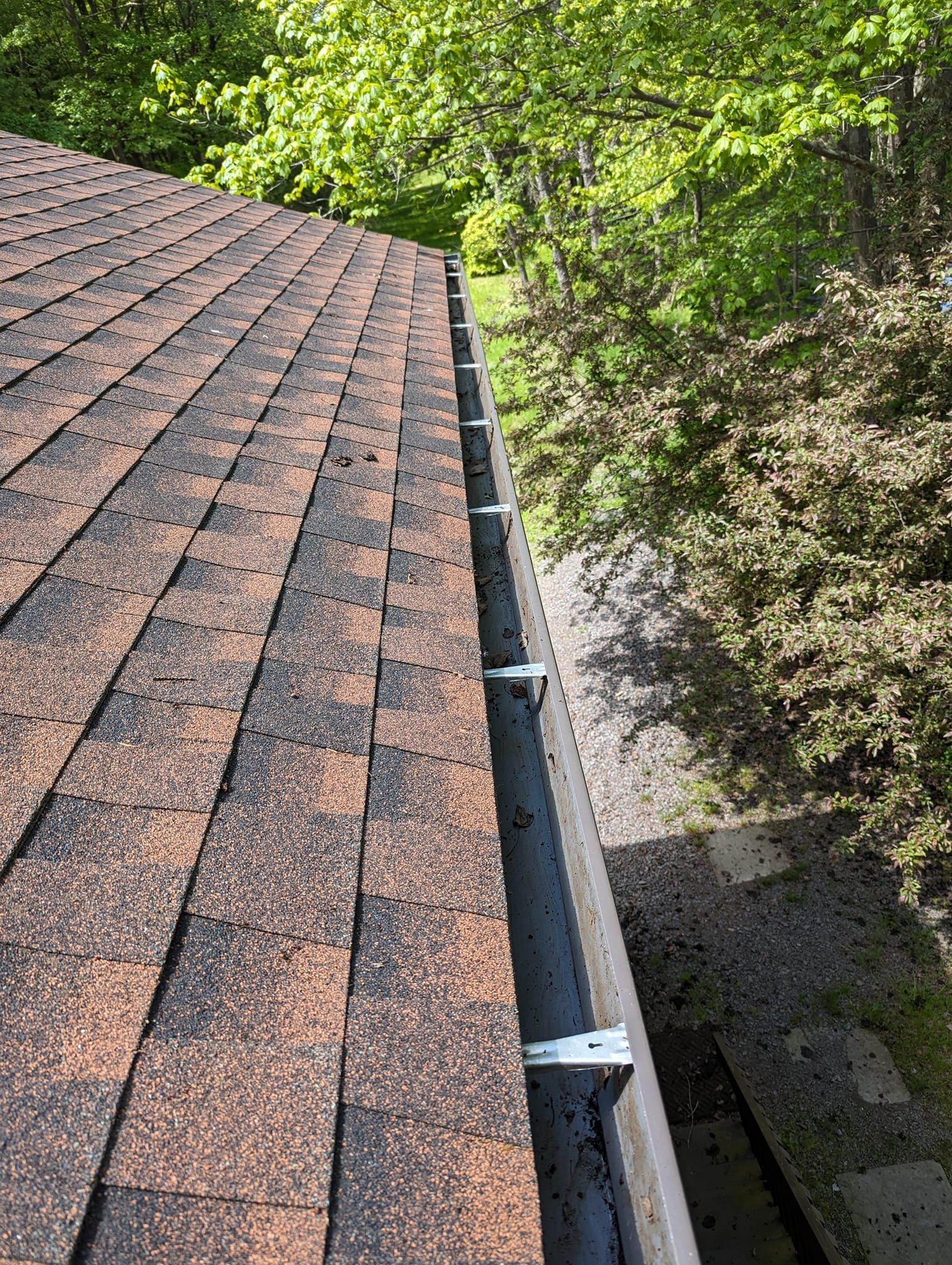 A close up of a gutter on a roof with trees in the background.