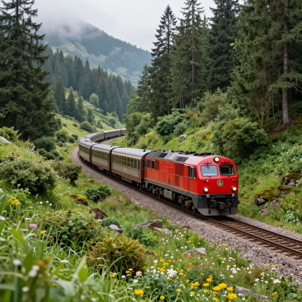 Red train travels along a curved track through a lush green mountain valley.