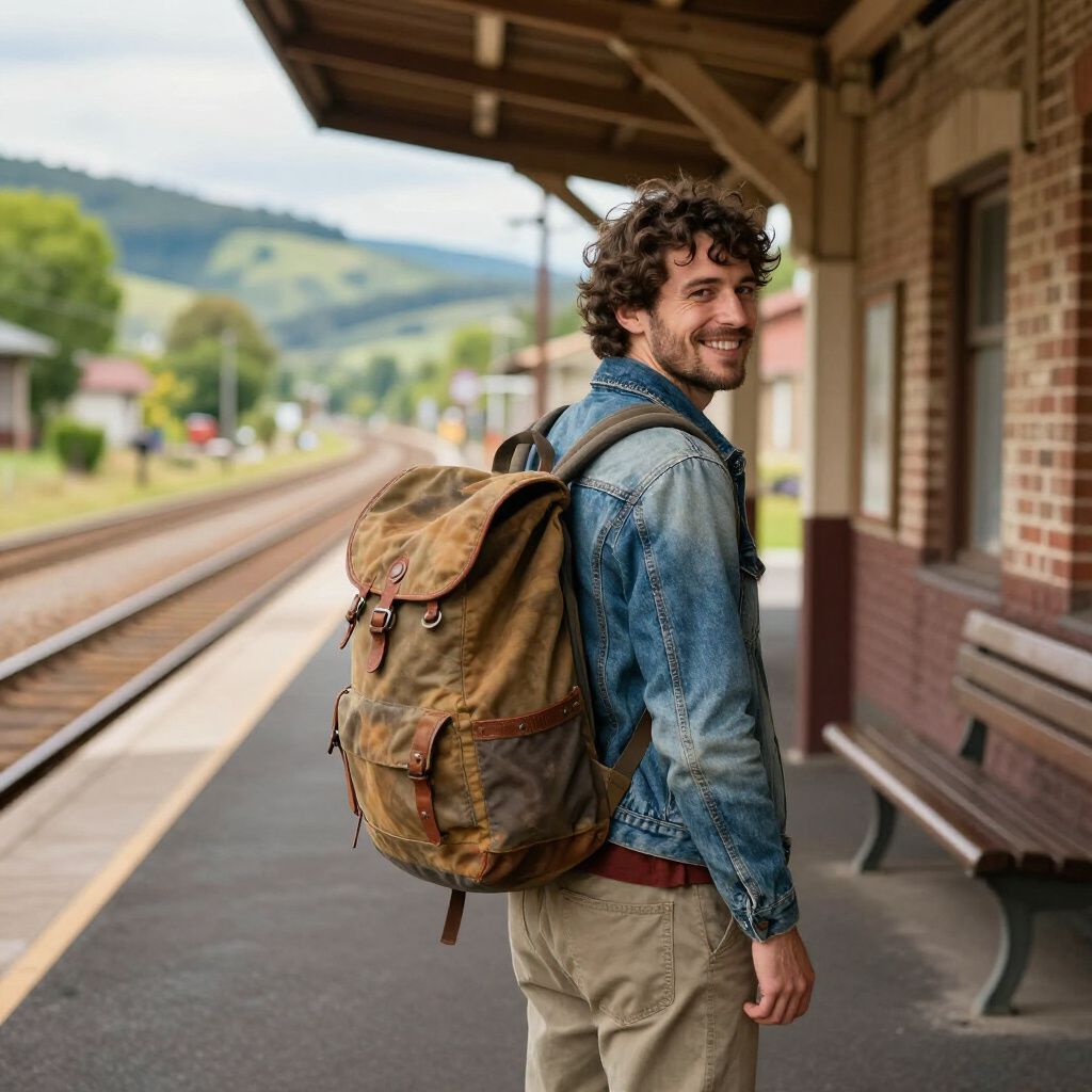 Man with backpack at a train station smiles at the camera, looking back over his shoulder.