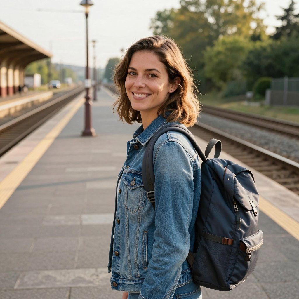 Woman with backpack smiles at train station platform.