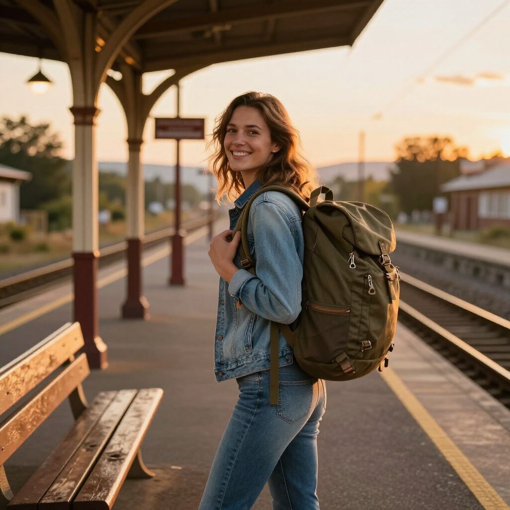 Woman with backpack at train station smiles, sunset lighting.