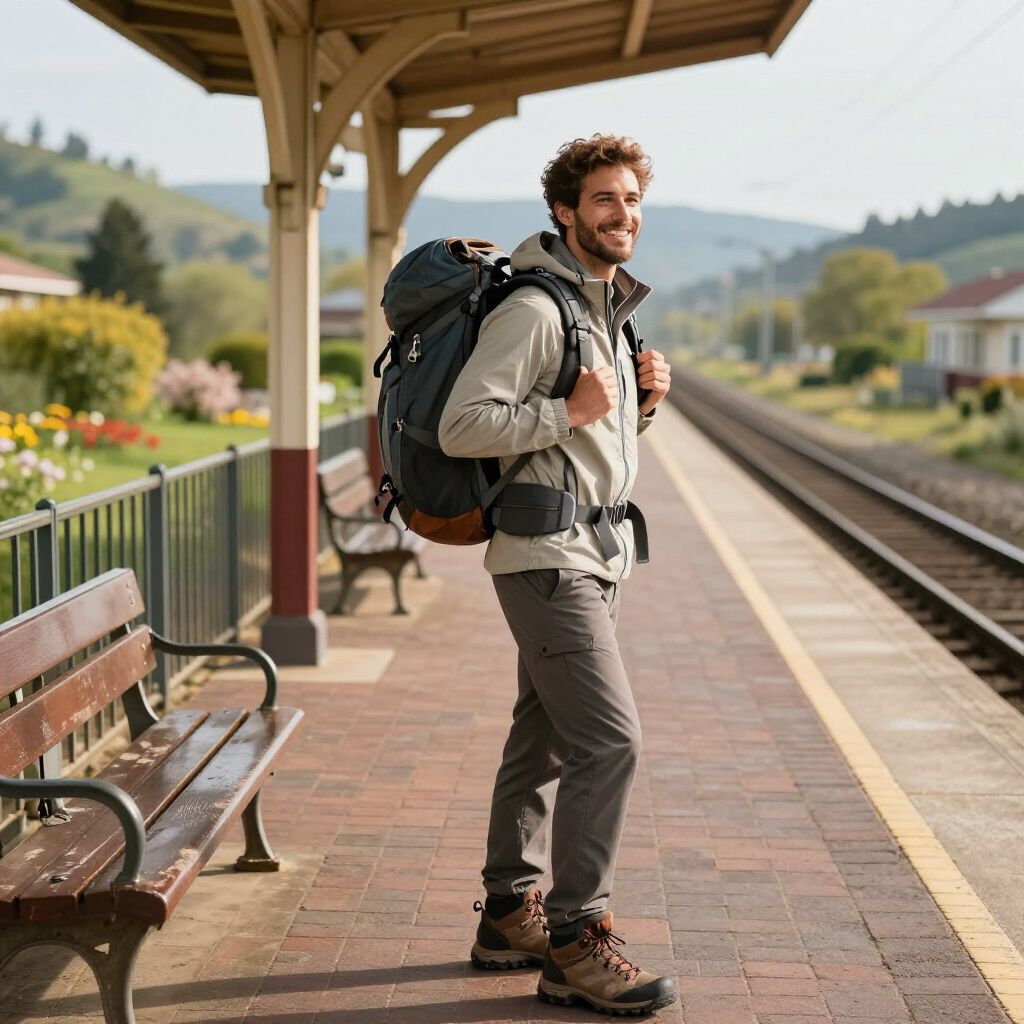Man with backpack smiles, standing on a train platform. Outdoors, mountains in the background.