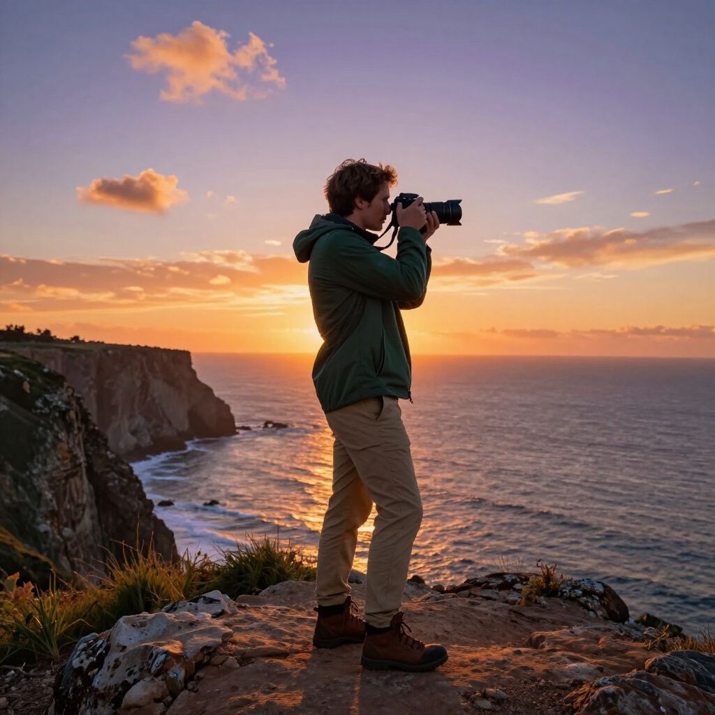 Man taking a photo of the ocean at sunset from a cliff, wearing green jacket and khaki pants.