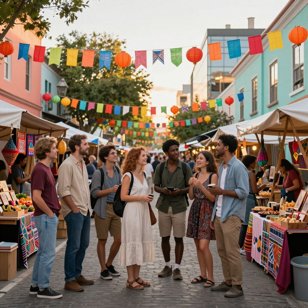 People at a market with colorful flags and stalls.