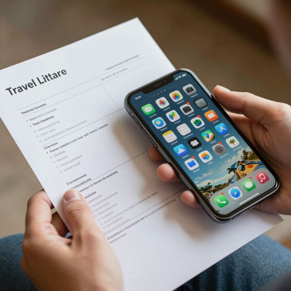 Person holding a smartphone and a travel checklist on paper.