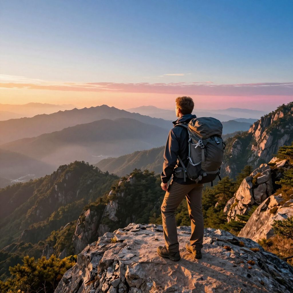 Hiker with backpack overlooking mountain range at sunset; warm tones.