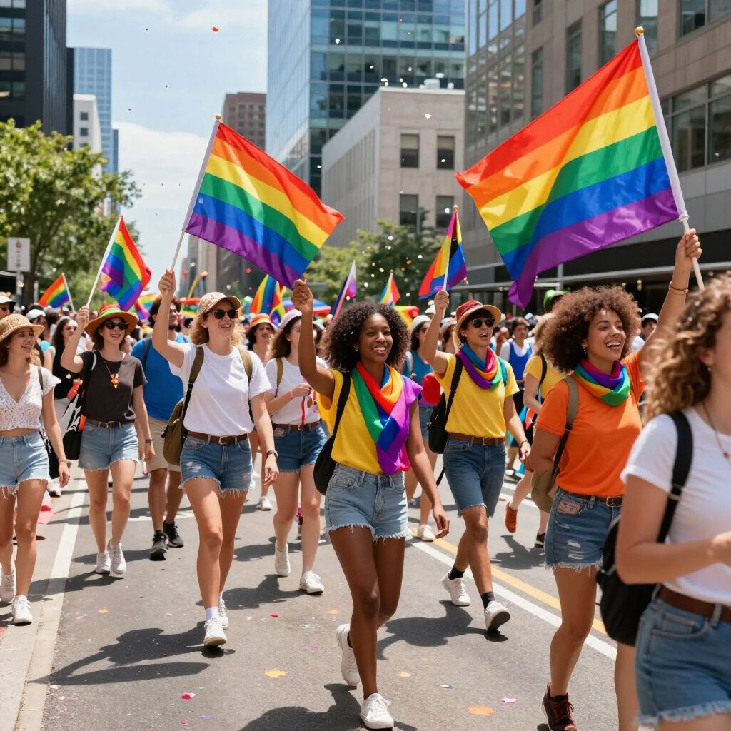 People waving rainbow flags in a street parade. Buildings in background.