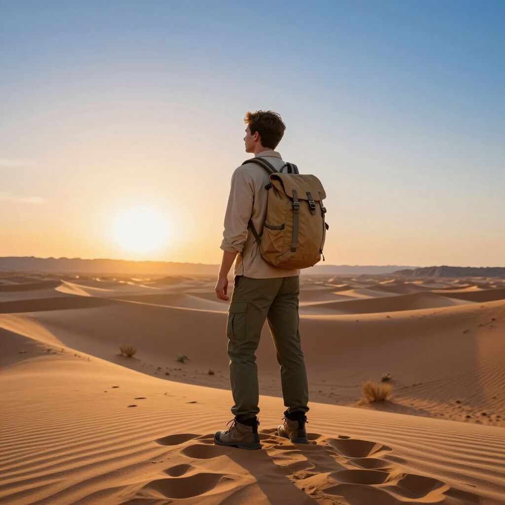 Man with backpack stands on sand dune, gazing at sunset over desert landscape.