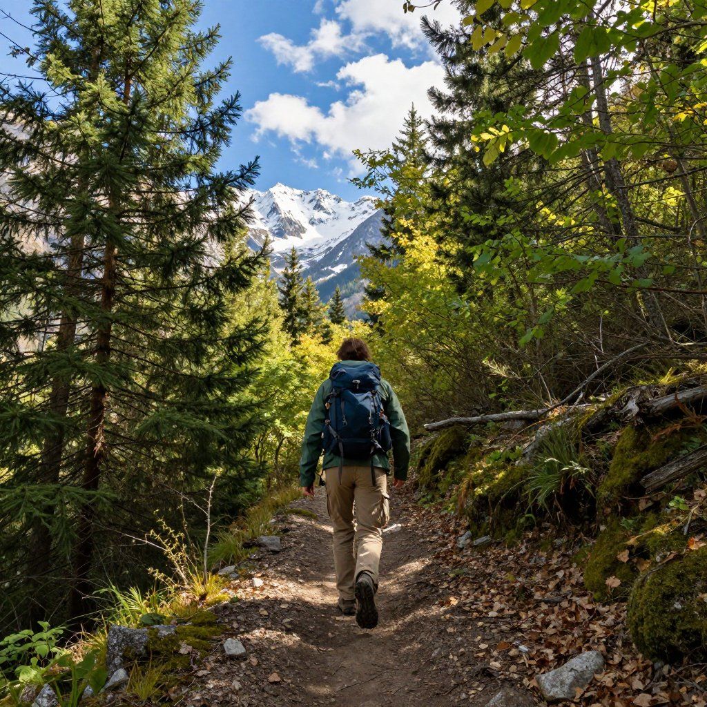 Hiker with backpack walks along a trail through a forest, snow-capped mountains in background.
