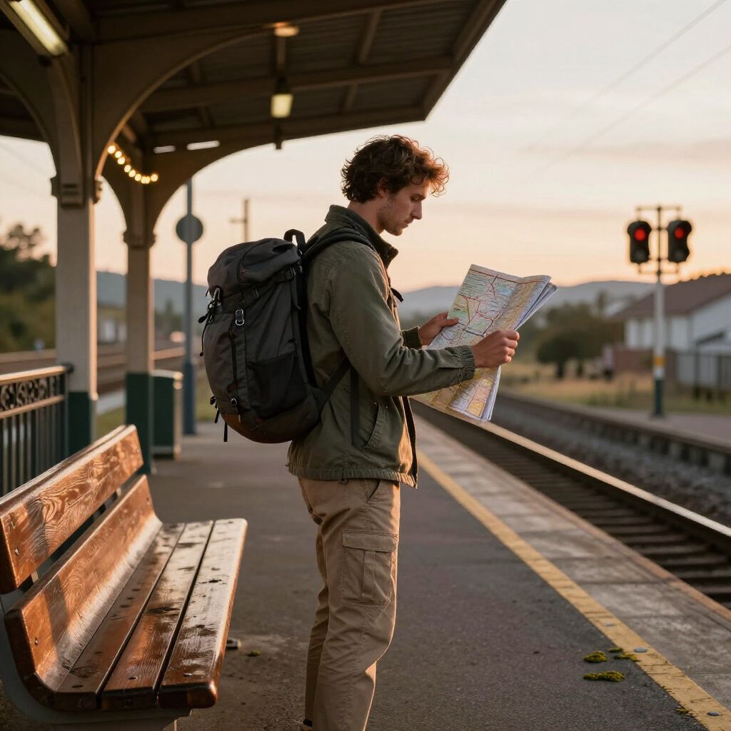 Man with backpack on train platform looking at map.