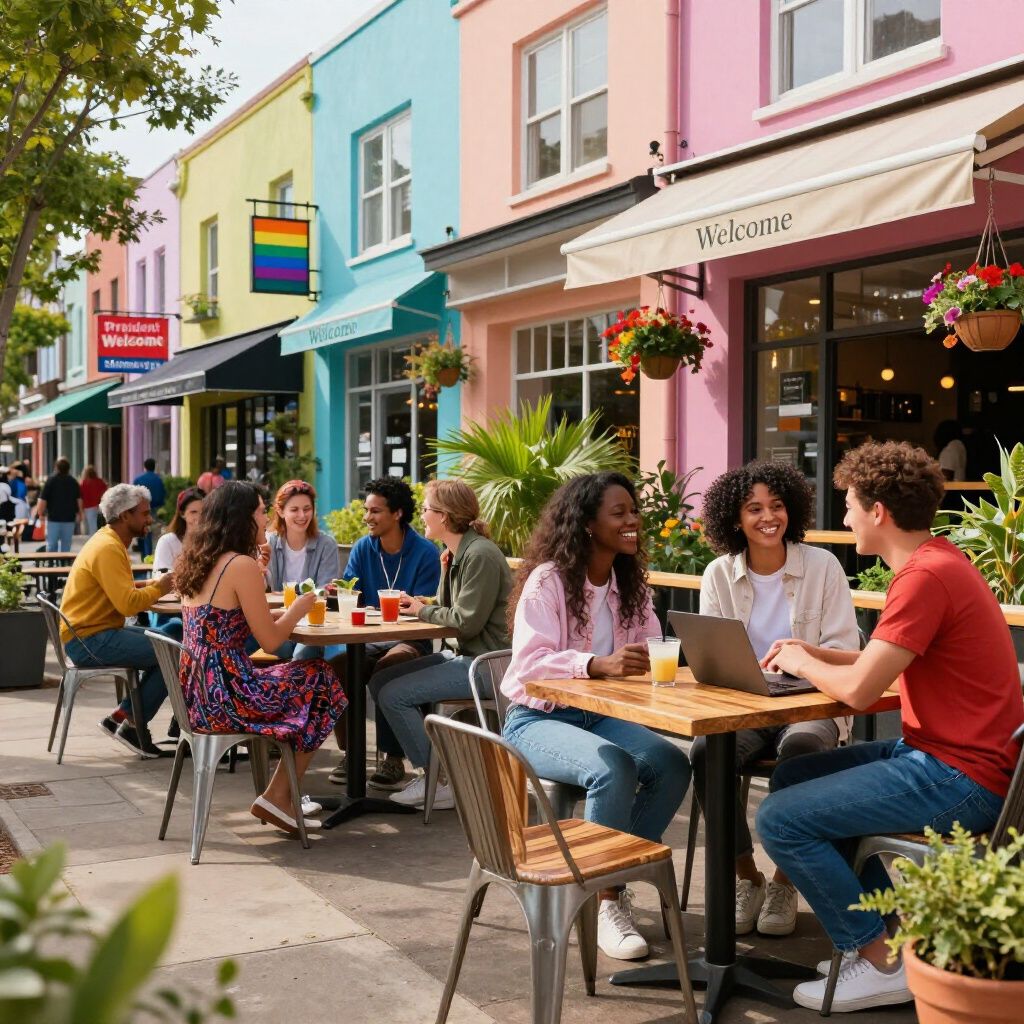 People sit at outdoor cafe tables in front of colorful buildings. A Pride flag hangs above a doorway.