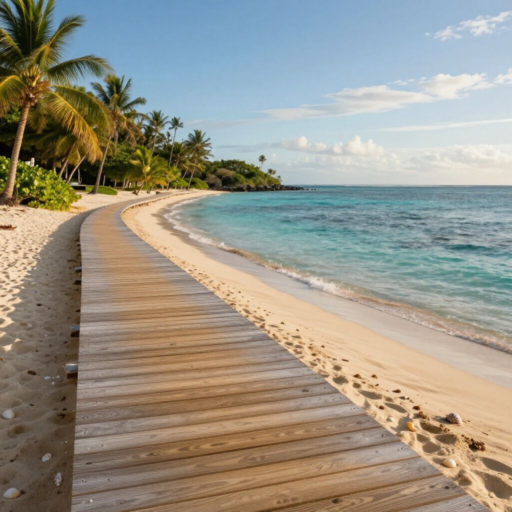 Wooden boardwalk curves along a sandy beach with turquoise water and palm trees under a blue sky.
