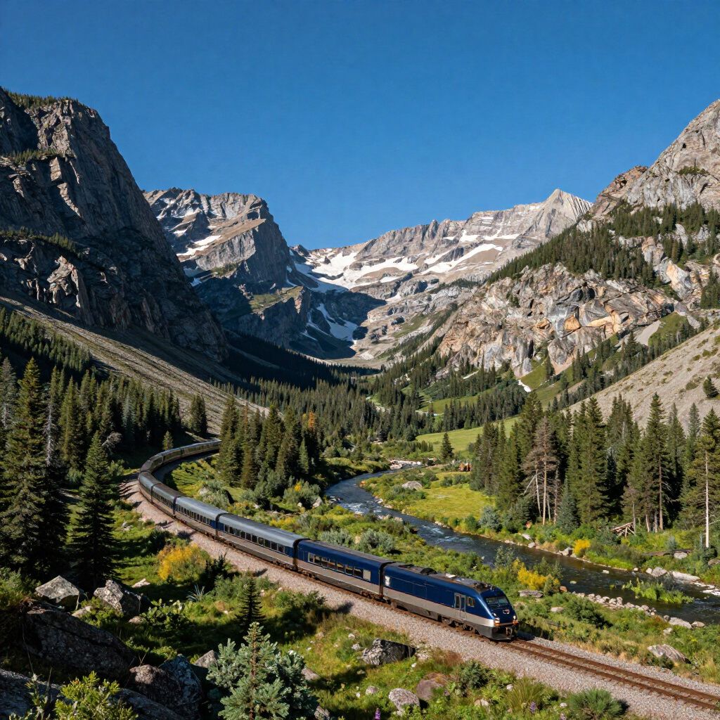 Train traveling through a mountain valley, next to a river. Blue sky, green trees, and rocky peaks.