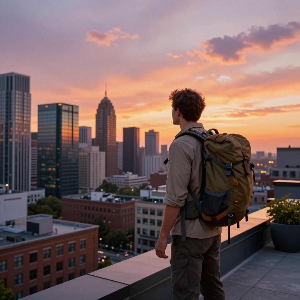 Person with backpack on rooftop overlooking city at sunset.