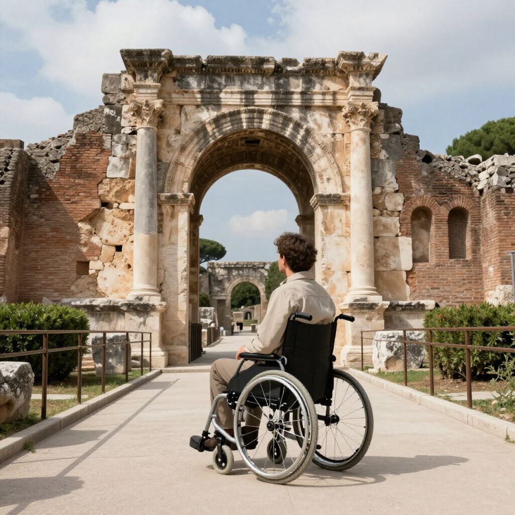 Person in wheelchair facing ancient archway on a paved path, sunny day.