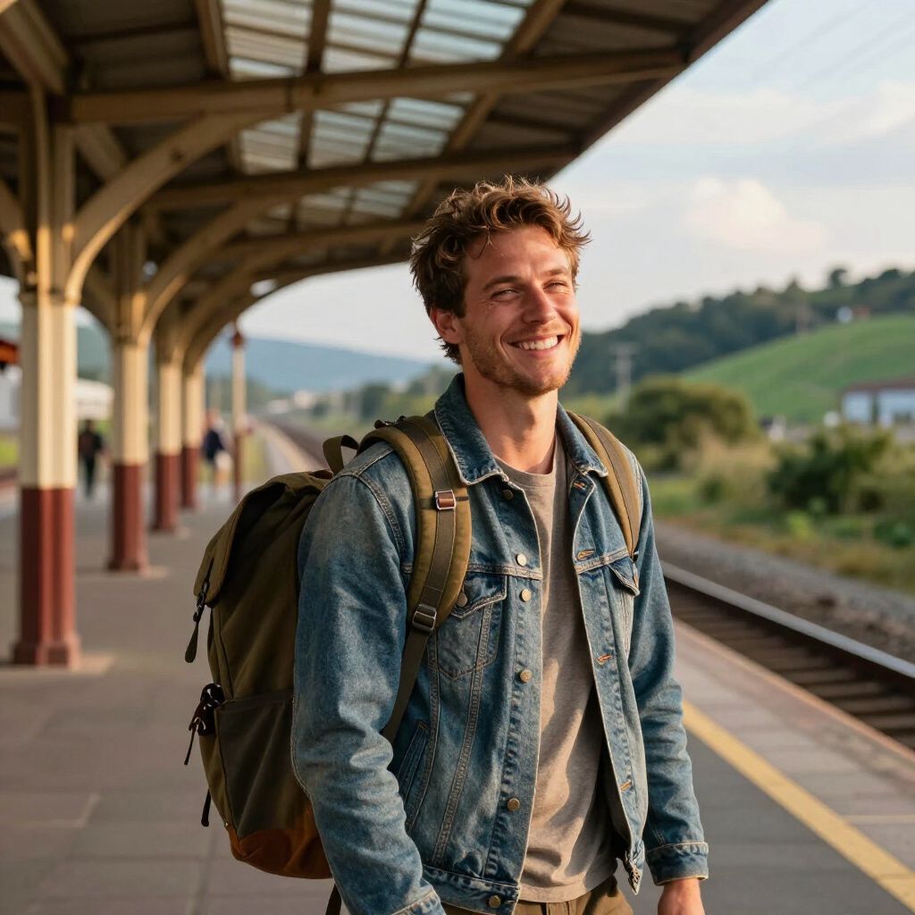 Man with backpack smiling at a train station platform.