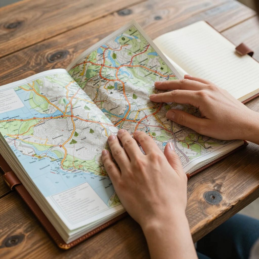 Hands on an open map in a book, planning a trip on a wooden table with a notebook nearby.