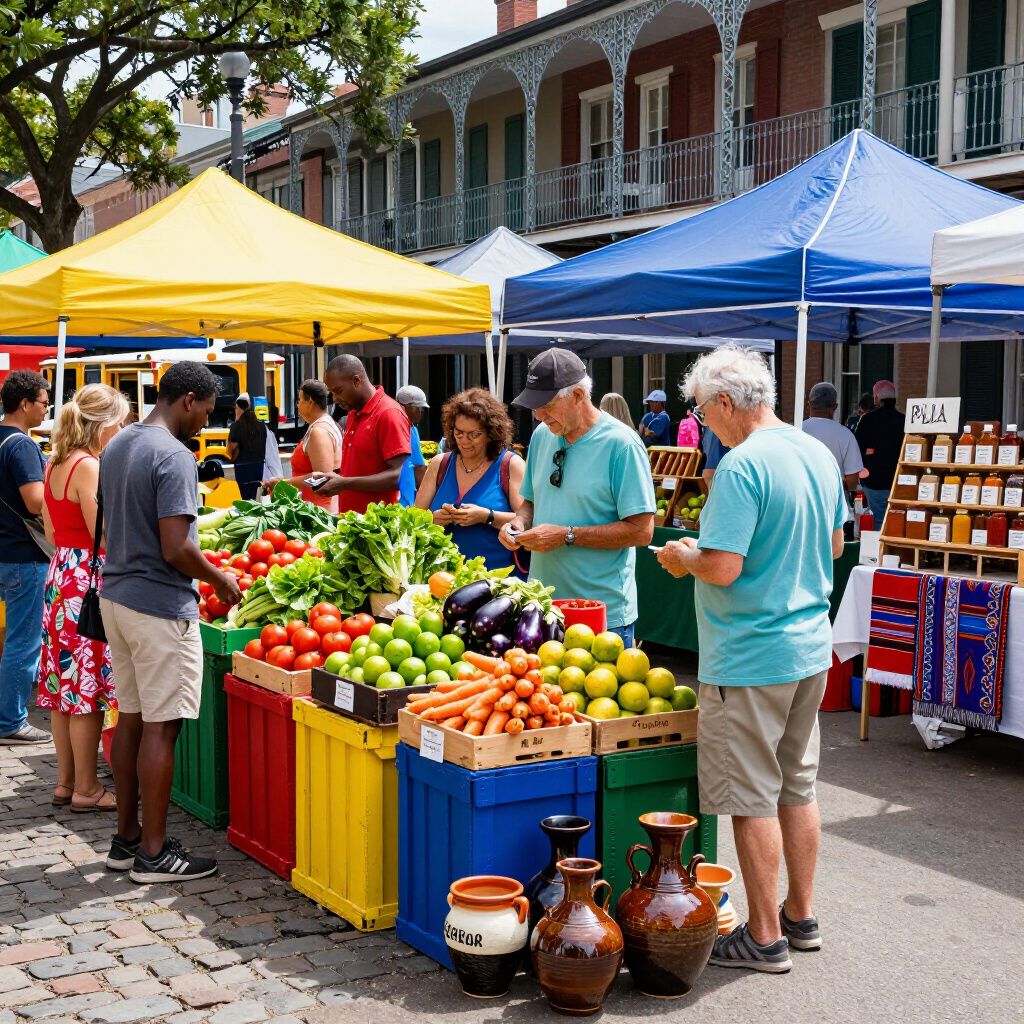 Outdoor farmers market with produce and shoppers under colorful tents.