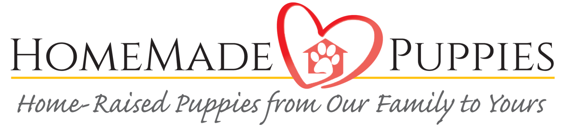 Homemade Puppies Logo A red heart with a house and paw print inside of it