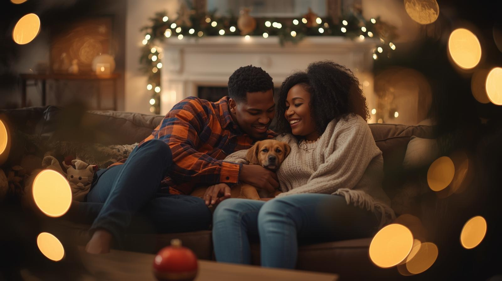 Woman cuddling a home-raised puppy on a cozy couch, representing ethical small-scale breeders