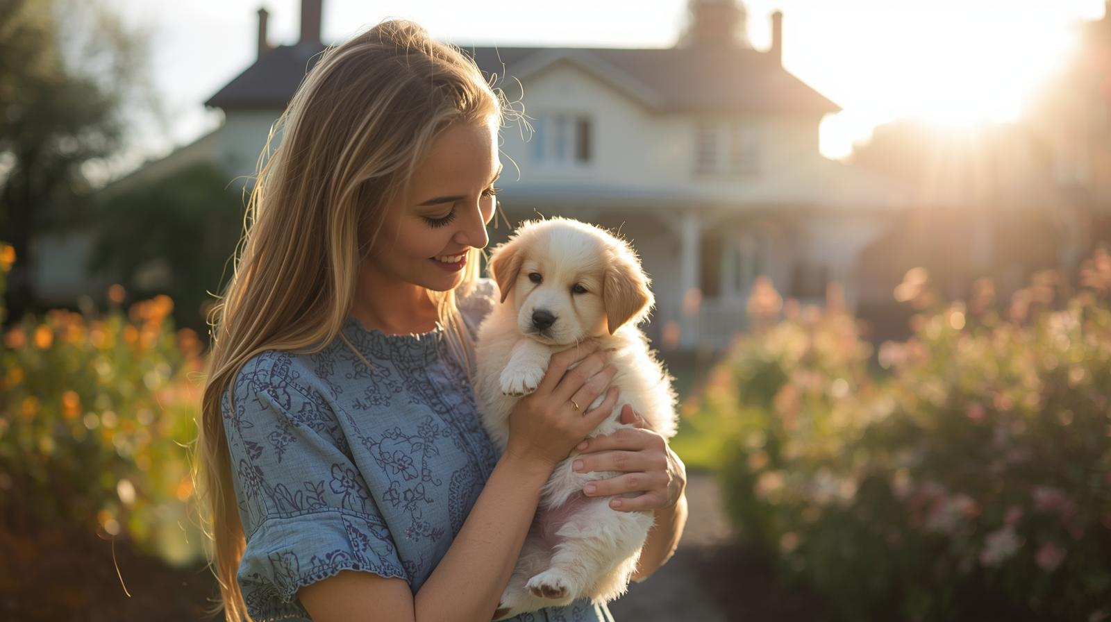 Home-raised puppy being held by a caring breeder outdoors