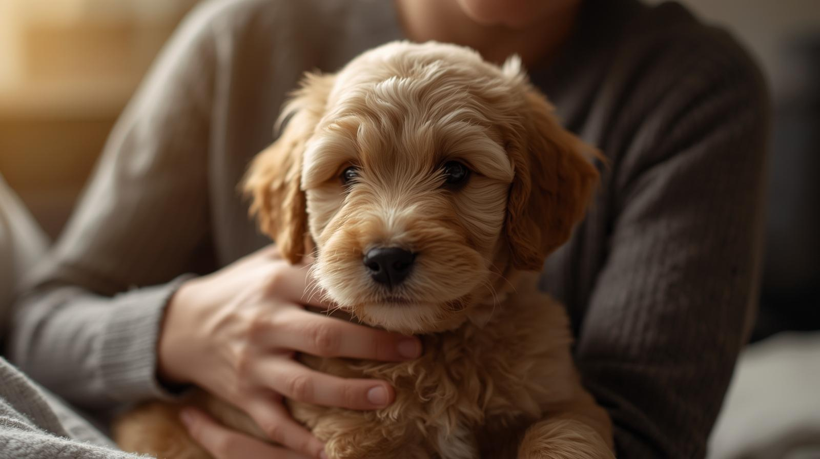 ethical home breeder cuddling a Goldendoodle puppy for Homemade Puppies blog