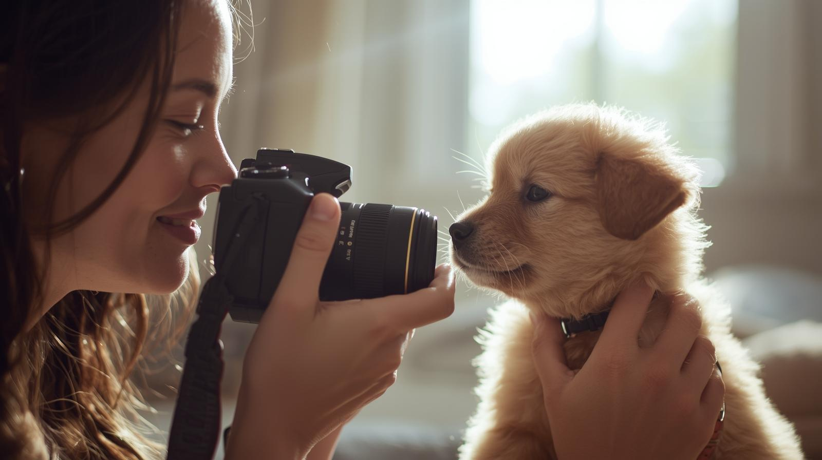 Breeder taking a bright, clear photo of a puppy near a window for an online listing
