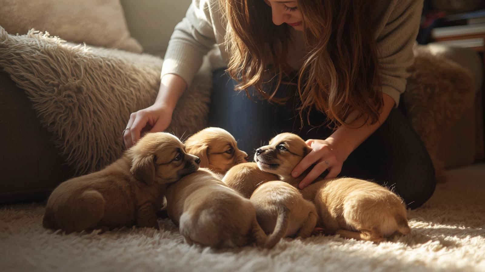 Ethical breeder caring for puppies in a clean, home environment