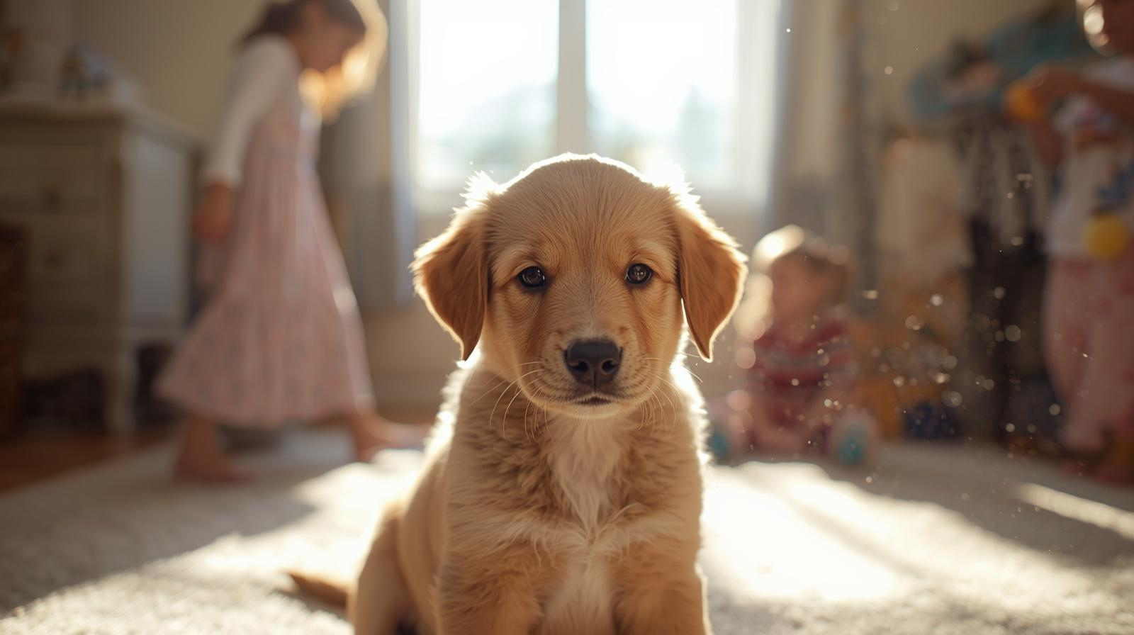 well socialized puppy remaining calm and confident in a lively family environment