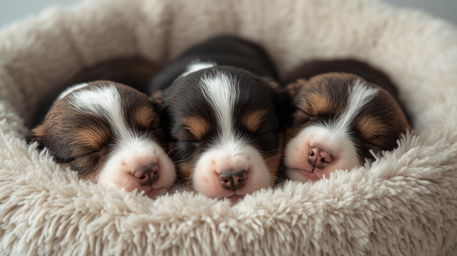 Healthy puppies sleeping in a clean, cozy home environment