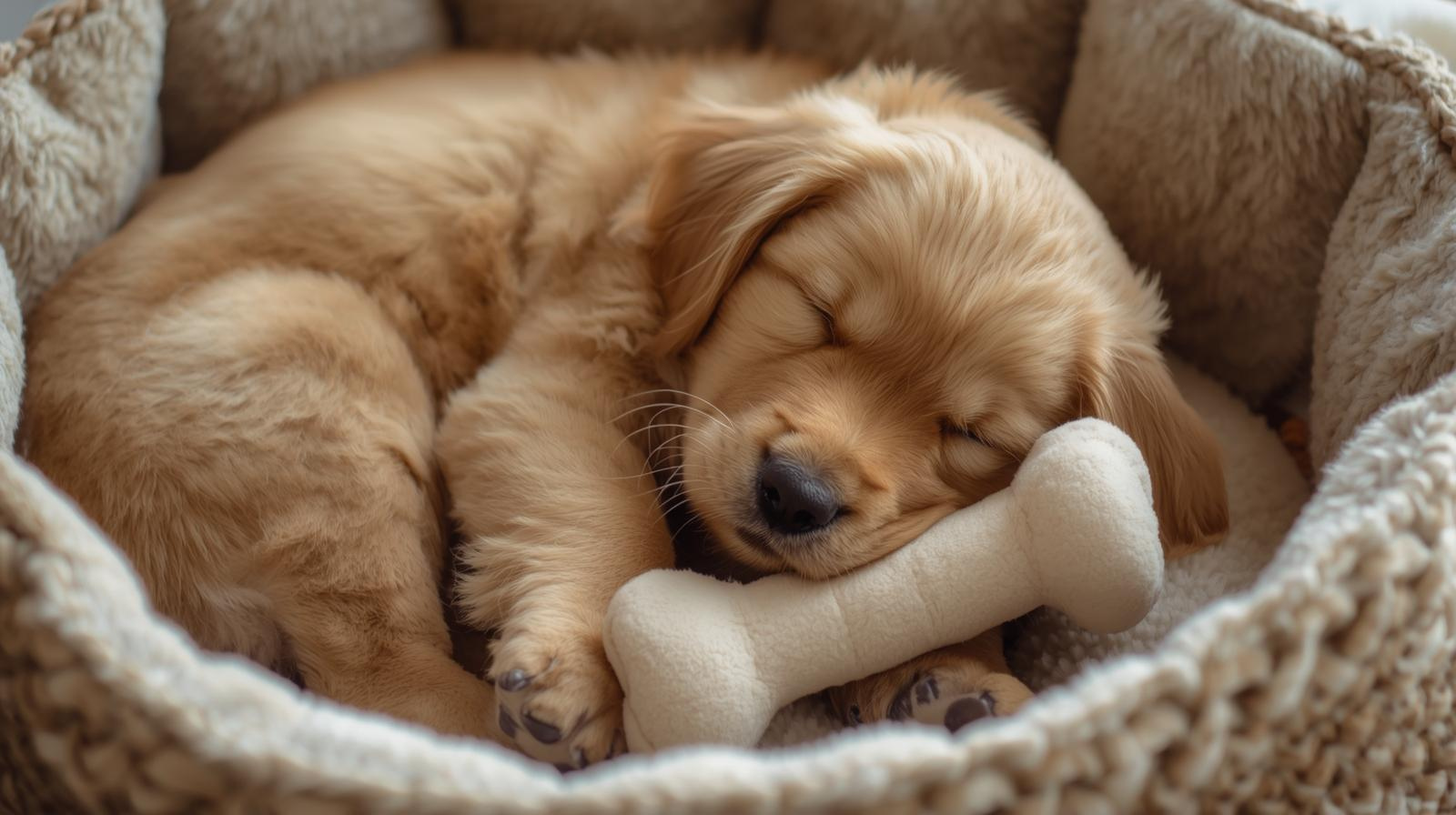 puppy resting in crate with safe plush comfort toy for crate training