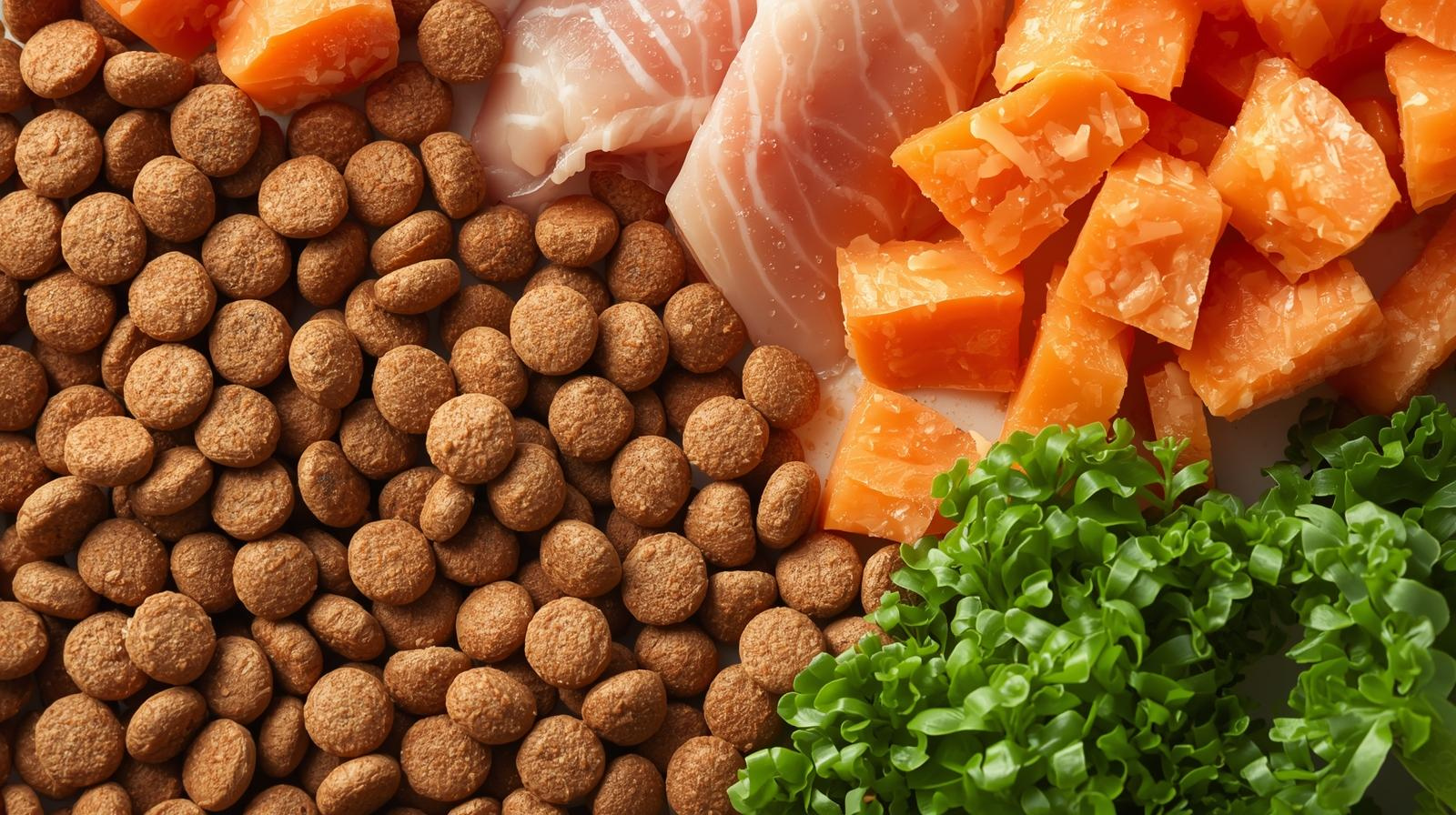 high quality puppy food ingredients including salmon chicken and whole grains arranged in a flat lay